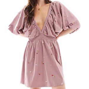 ASOS Embroidered Floral Mini Dress 12 Pink Oversized Relaxed Fit Casual Festival